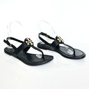 Tory Burch Miller Cloud Black Leather Slingback Thong Sandals Gold Logo 6.5M